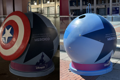 Antes y después del contenedor de vidrio con el escudo del Capitán América instalado en la plaza Mayor. -E.M. / FERNANDO CENTENO