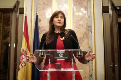 La portavoz parlamentaria de Junst per Catalunya (JxCat), Laura Borràs, ofrece una rueda de prensa en el Congreso.-EUROPA PRESS