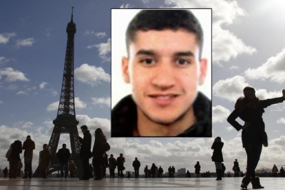 Fotomontaje con el rostro del terrorista Younes Abouyacoub y la torre Eiffel de fondo.-/ FOTOMONTAJE