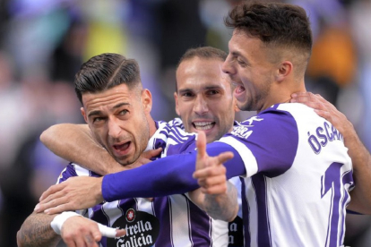 Sergio León celebra un  gol en el último partido de Liga jugado en Zorrilla ante el Fuenlabrada. / LALIGA