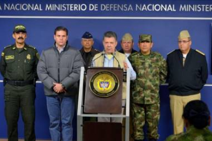 Juan Manuel Santos, durante su comparecencia ante la prensa, el domingo en Bogotá.-REUTERS