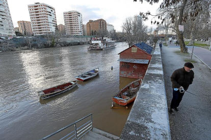 Río Pisuerga a su paso por LasMoreras en la tarde de ayer, donde permanecía inundado el camino de ribera.-J.M. LOSTAU