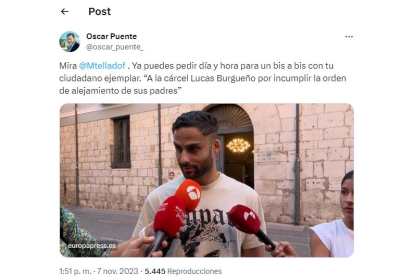 Mensaje de Óscar Puente en las redes tras conocerse que Lucas Burgueño entraba en prisión. X