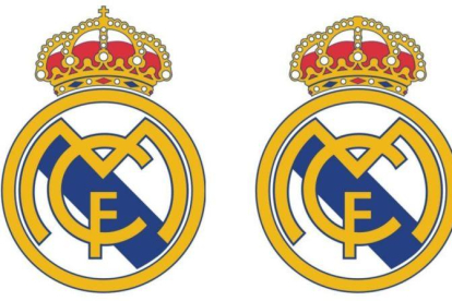 El escudo del Real Madrid y, a la derecha, con la cruz suprimida para venderla en países musulmanes.-