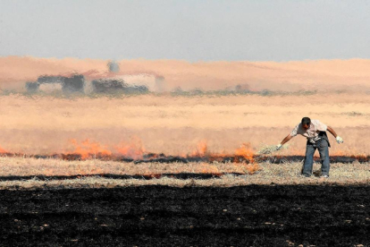 Un agricultor realiza labores de quema rastrojos en Fresno El Viejo, una práctica autorizada de forma excepcional para atajar algunas plagas.-ICAL