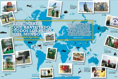 Mapa con algunos de los destinos que ha marcado Jorge Sánchez en su pasaporte.-