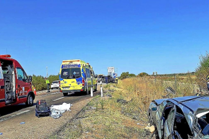 Dispositivo asistencial desplegado en el lugar del fatal accidente, en el kilómetro221.5 de la autovía A-6, sentido Galicia.-BOMBEROS DIPUTACIÓN