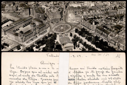 Vista aérea de la plaza de Zorrilla, con la Acera de Recoletos, la Academia de Caballería y otros edificios desaparecidos en 1959. ARCHIVO MUNICIPAL DE VALLADOLID