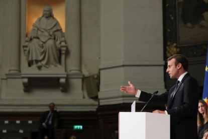 El presidente francés Emmanuel Macron, durante su discurso en la Universidad de La Sorbona, en París-AFP / LUDOVIC MARIN
