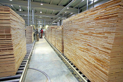Dos operarios trabajan en el almacén de materiales de una empresa del sector de la madera.-ICAL