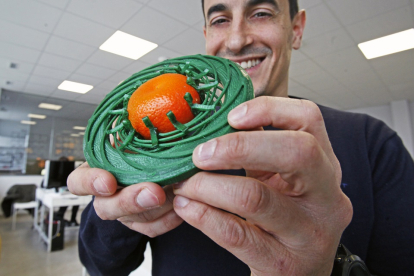 David Francés muestra el dendómetro que ha desarrollado su empresa para realizar el seguimiento del calibre de la fruta. MARIO TEJEDOR