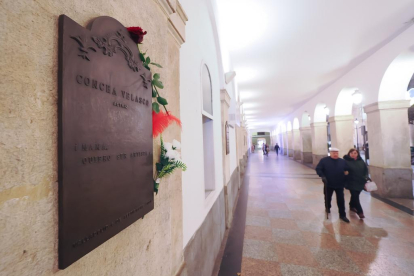 Rosas colocadas en la placa dedicada a Concha Velasco en el Teatro Calderón de Valladolid tras el fallecimiento de la actriz. -PHOTOGENIC