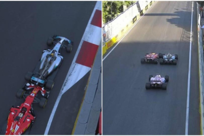 Los dos toques entre Vettel y Hamilton en Bakú.-