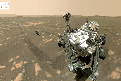El ‘Perseverance’ y sus huellas en el planeta rojo junto al minihelicóptero ‘Ingenuity’, en el día marciano número 359.- ICAL / UVA