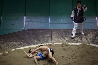 Dos combatientes de ssireum, la lucha tradicional coreana.-AFP