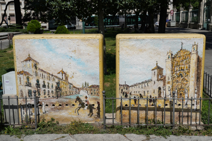 Dibujos de la plaza San Pablo en cajas de luz en la plaza de San Pablo.-J.M. LOSTAU