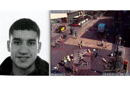 A la izquierda, Younes Abouyaqoub. A la derecha, las imágenes de su fuga que tomó una videocámara. El terrorista corre tras asesinar en La Rambla. /-EL PERIÓDICO