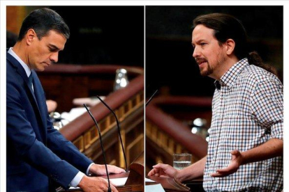 Pedro Sánchez y Pablo Iglesias, en distintos momentos del frustrado debate de investidura de la semana pasada.-EFE / BALLESTEROS / EMILIO NARANJO
