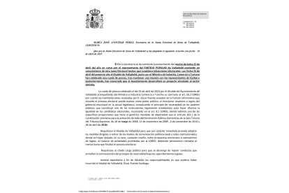 Escrito de la Junta Electoral de Valladolid, en el que incoa expediente a Óscar Puente.