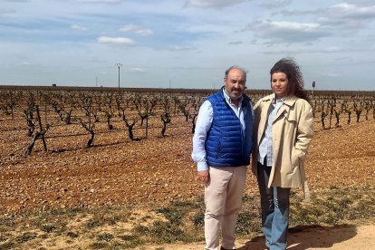 Javier Sanz y su hija, Leticia Sanz, frente a los viñedos de la bodega en La Seca.- E.M.