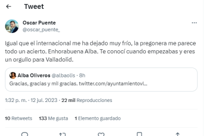 Tweet de Puente alabando la elección de la Alba Oliveros como pregonera