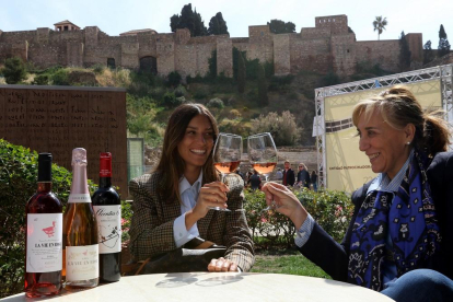 Maite Geijo y su hija Teresa Espeso brindan con uno de sus vinos frente a la alcazaba de Málaga, sede de su proyecto vitivinícola-