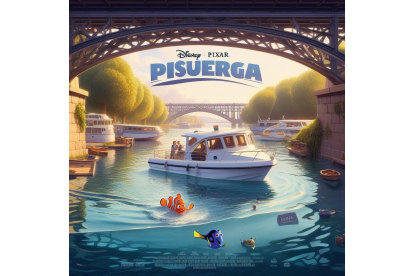 El río Pisuerga, con la Leyenda del Pisuerga, a su paso por el Puente Colgante de Valladolid con dos nuevos vecinos: Nemo y Dory. Bing Image Creator de Microsoft