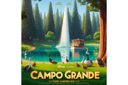 Póster de película Disney Pixar del Campo Grande con el estanque, el geisser, barca y patos. Bing Image Creator de Microsoft