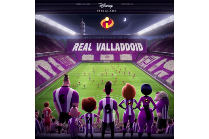 El estadio de fútbol José Zorrilla con un partido inusual: los jugadores del Real Valladolid contra los personajes de Los Increíbles. Bing Image Creator de Microsoft