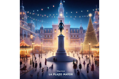 La plaza Mayor de Valladolid ambientada en la bajo la magia de la Navidad de Disney Pixar. Bing Image Creator de Microsoft