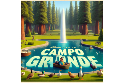 Póster de película Disney Pixar del Campo Grande con el estanque, el geisser, barca y patos. Bing Image Creator de Microsoft