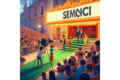 La llegada de los actores y directores de cine a través de la alfombra verde de la Seminci como si de una película de Disney Pixar se tratara. Bing Image Creator de Microsoft