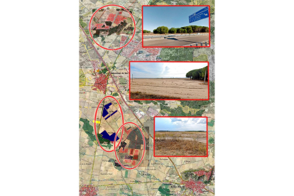 Arriba, terrenos donde se instalará la planta fotovoltaica de Los Pontones (38,42 has), al norte de la urbanización El Soto, vistos desde la A-601. En el medio, terrenos de la planta de El Mazo (38,23 has), al sur de Aldeamayor, vistos desde la VA-302. Abajo, terrenos de la futura planta de La Tabaca (39,22 has), entre Aldeamayor de SanMartín y Portillo. GGL
