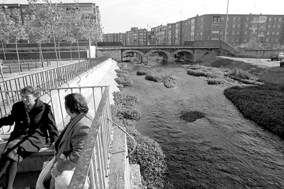 Al fondo, puente que sostiene la vía del tren a su paso sobre la Esgueva. Junio de 1990. J. M. LOSTAU