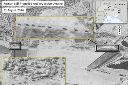 Imagen de satélite cedida por la OTAN y datada el 21 de agosto que muestra artillería rusa en un convoy en territorio ucraniano.-Foto: EFE / OTAN