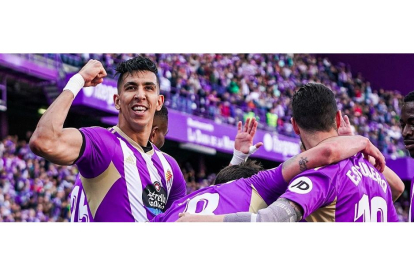 El Yamiq celebra un gol del Real Valladolid esta pasada temporada. / RVCF