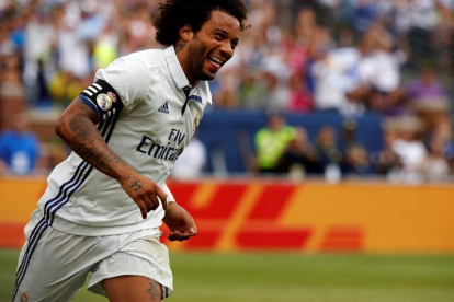 El jugador Marcelo del Real Madrid celebra la anotación de un gol ante el Chelsea.-EFE