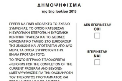 La papeleta del referéndum que se celebrará en Grecia este domingo.-