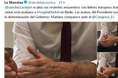 Tuit de La Moncloa con las manos de Sánchez en primer plano-/ TWITTER