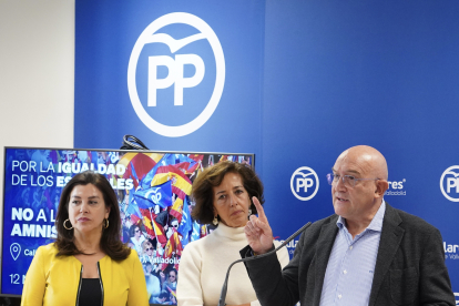 Jesús Julio Carnero, junto a Arenales Serrano y Mercedes Cantalapiedra, en la rueda de prensa del PP sobre la manifestación contra la amnistía.-ICAL