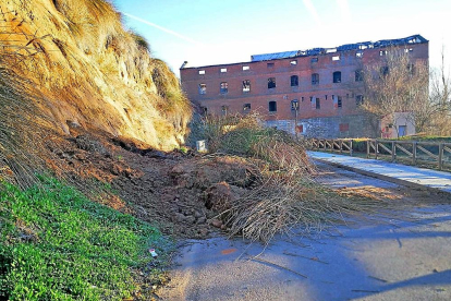 Desprendimiento del talud de la calle Calzadilla, con la antigua fábrica de harinas al fondo, ayer en Simancas.-E. M.