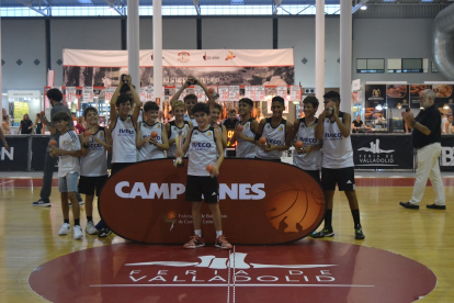 Los preinfantiles del Real Valladolid Baloncesto levantan la Minicopa lograda este fin de semana en la espectacular pista de parquet habilitada en la Feria de Valladolid. / EL MUNDO