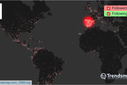 Procedencia de los seguidores del Real Valladolid en Twitter. / Trendsmap