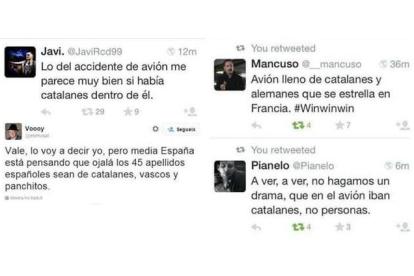 Algunos ejemplos de tuits catalanófobos tras la tragedia de Germanwings.-