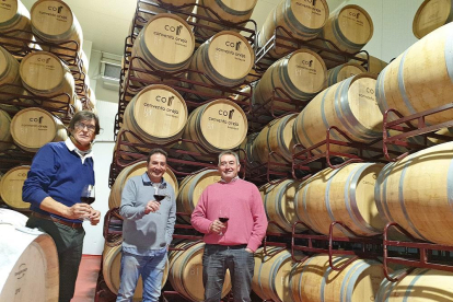 Avelino Gozalo, socio de la bodega, José Miguel Vaquero y Jesús Ángel Martín en la sala de barricas de Convento Oreja.-