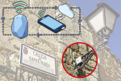 Uno de los sensores instalados en una de las farolas de la Calleja de Santa María. REPORTAJE GRÁFICO: EL MUNDO