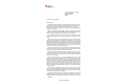 Carta del Presidente de la Junta de Castilla y León a Pedro Sánchez en la que muestra su queja formal por los 