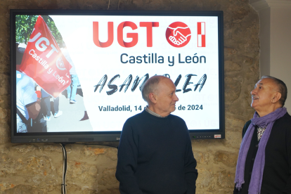 El secretario general de UGT, Pepe Álvarez, y el secretario general de UGTCyL, Faustino Temprano, celebran una asamblea en la sede autonómica del sindicato para tratar los objetivos de 2024. ICAL