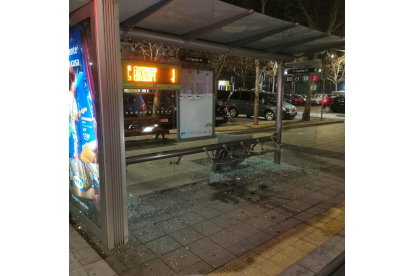 Marquesina de una parada de autobús rota a pedradas en la calle Cigüeña - POLICIA MUNICIPAL