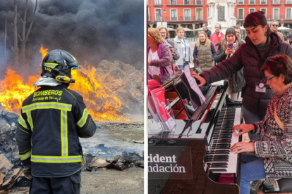 A la izquierda incendio en Aldeamayor y a la derecha un piano en la plaza Mayor